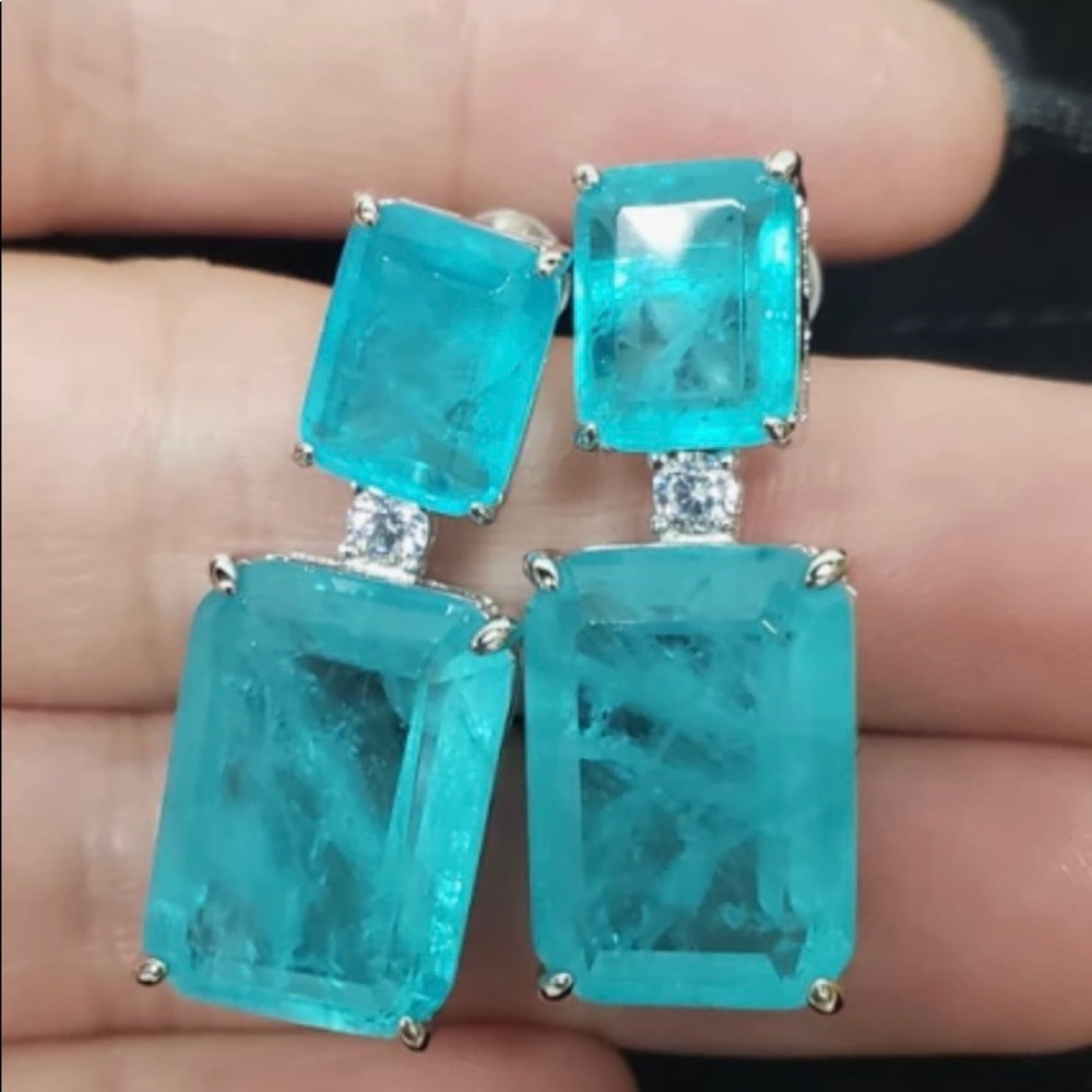 925 Sterling Silver Blue Zircon Gemstone Drop Earrings